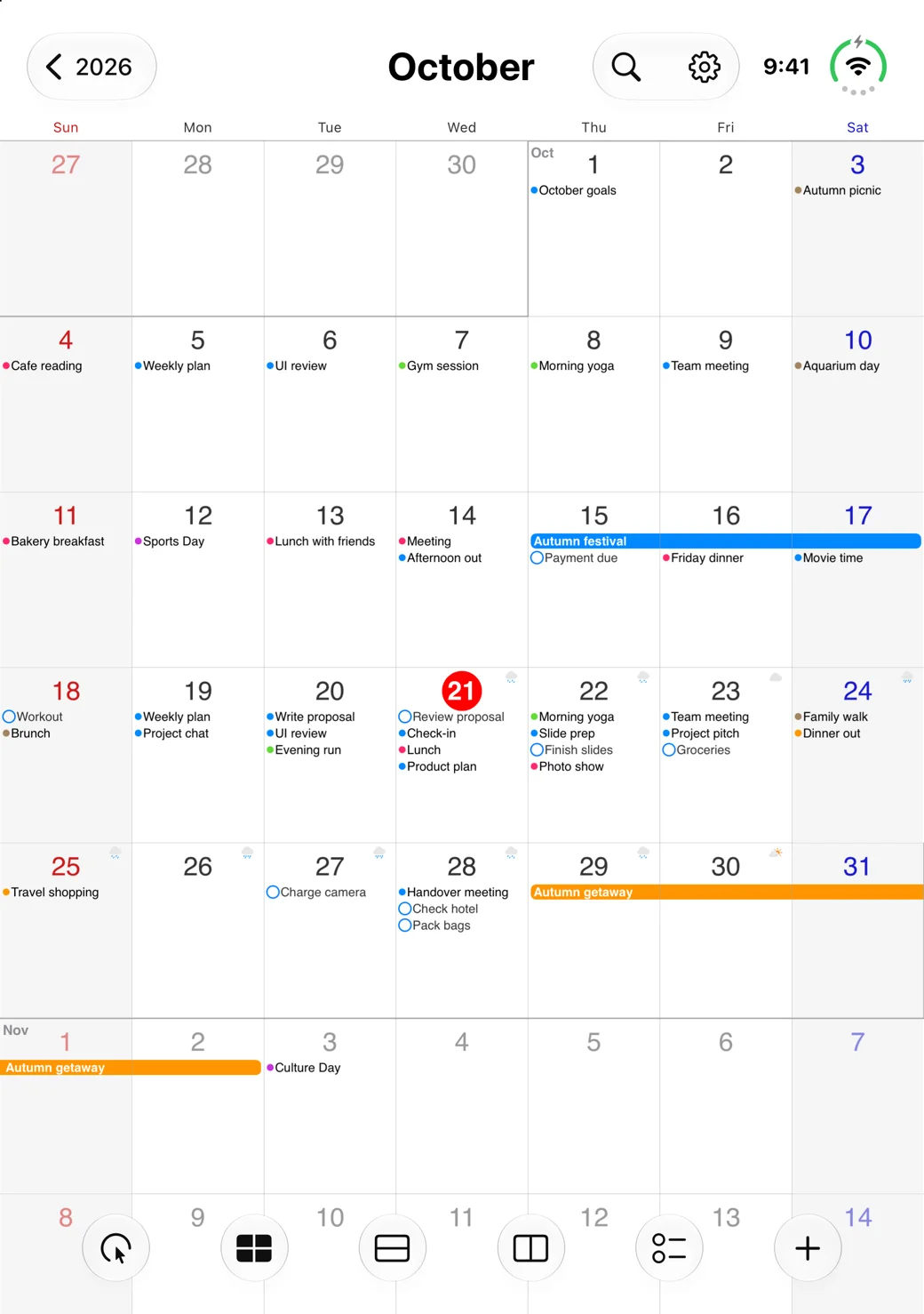 SCalendar month view showing sample events and reminders