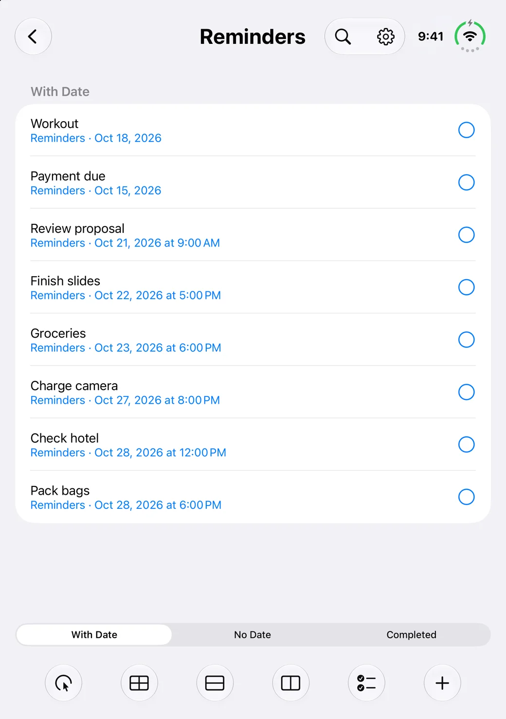 SCalendar reminders list showing sample tasks